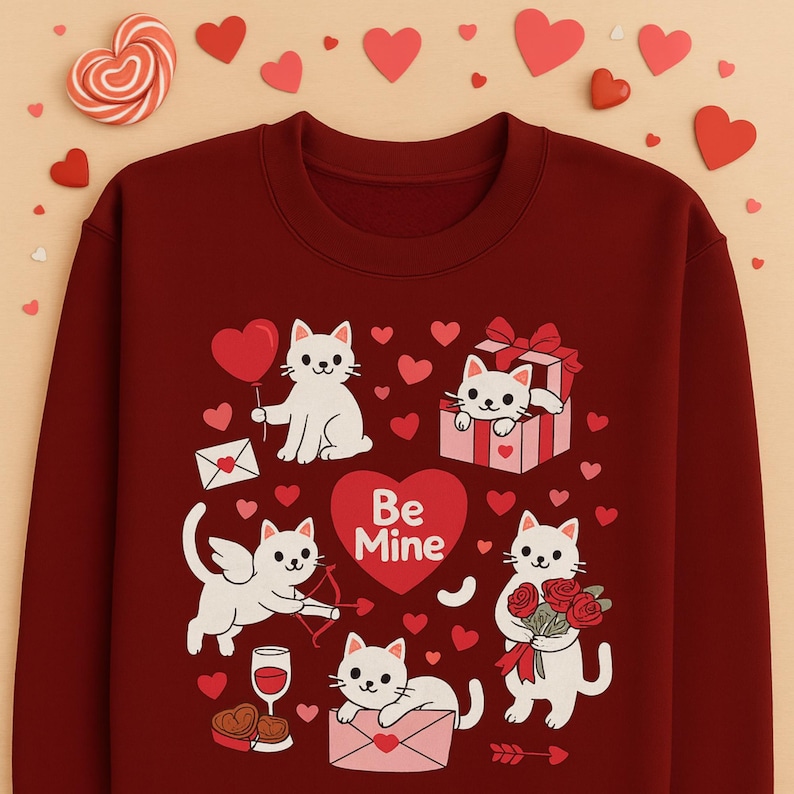 May include: Burgundy sweatshirt with a Valentine's Day theme. Features white cartoon cats with hearts, gifts, and Cupid's bow. The words "Be Mine" are on a heart. Decorative hearts and a heart-shaped lollipop are scattered around the sweatshirt.