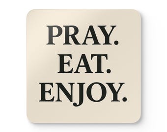 Juego de posavasos Pray Eat Enjoy / Decoración de cocina cristiana, posavasos inspirados en la fe