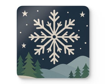 Posavasos de corcho con diseño de montaña y copos de nieve / Posavasos con paisaje invernal, decoración navideña para el hogar
