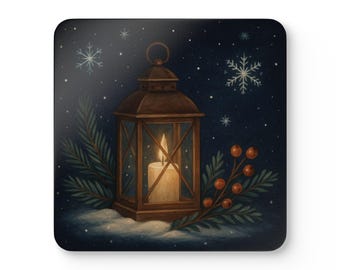 Posavasos de corcho con diseño de faroles de invierno / Posavasos navideños con copos de nieve, pino y bayas