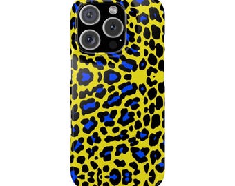 Estuche a presión con estampado de leopardo azul y negro / Estuche para teléfono con estampado animal amarillo