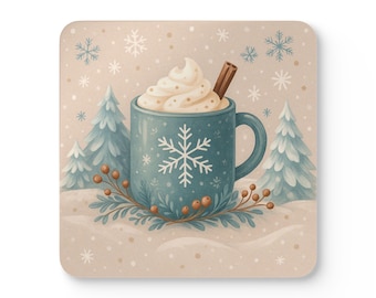 Posavasos de corcho con diseño de chocolate caliente de invierno / Posavasos con forma de copo de nieve azul, decoración navideña