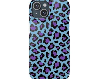 Estuche a presión para teléfono con estampado de leopardo morado y azul
