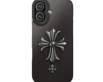 Fundas con cierre a presión en forma de corazón y cruz cromadas negras para iPhone 11-17 y Galaxy S20-S25