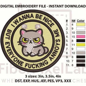 I Wanna Be Nice Grumpy Cat Machine Embroidery Design, PES DST File
