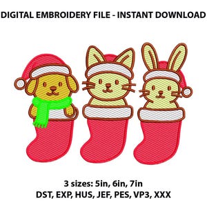 May include: Digital embroidery file featuring three Christmas stocking designs with a dog, cat, and bunny. Each animal wears a Santa hat and is inside a red stocking. The file includes three sizes: 5in, 6in, and 7in.
