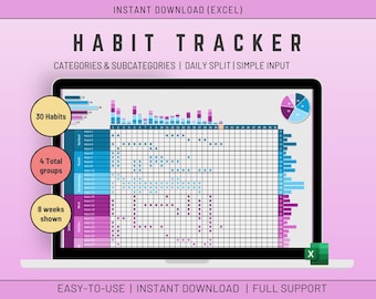 Plantilla de Excel para seguimiento de hábitos: Planificador de objetivos diarios y semanales (descarga digital)