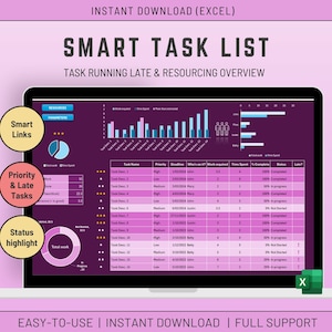 May include: A laptop screen displays a purple Excel spreadsheet titled "SMART TASK LIST." The spreadsheet includes charts, graphs, and a task list with columns for priority, deadline, and status. The image also includes the text "INSTANT DOWNLOAD" and "EASY-TO-USE."