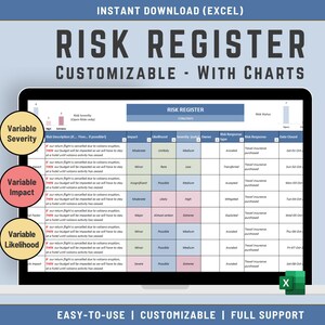 May include: A laptop screen shows an Excel "RISK REGISTER" template. The spreadsheet is organised with columns for risk description, impact, likelihood, and severity. The text "INSTANT DOWNLOAD (EXCEL)" and "CUSTOMIZABLE - WITH CHARTS" are at the top.