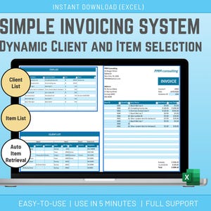 May include: A laptop screen displays a simple invoicing system with dynamic client and item selection. The screen shows client and item lists, and an invoice form. Text on the screen includes "PMM consulting" and "Invoice". The image also includes the text "Instant Download (Excel)".