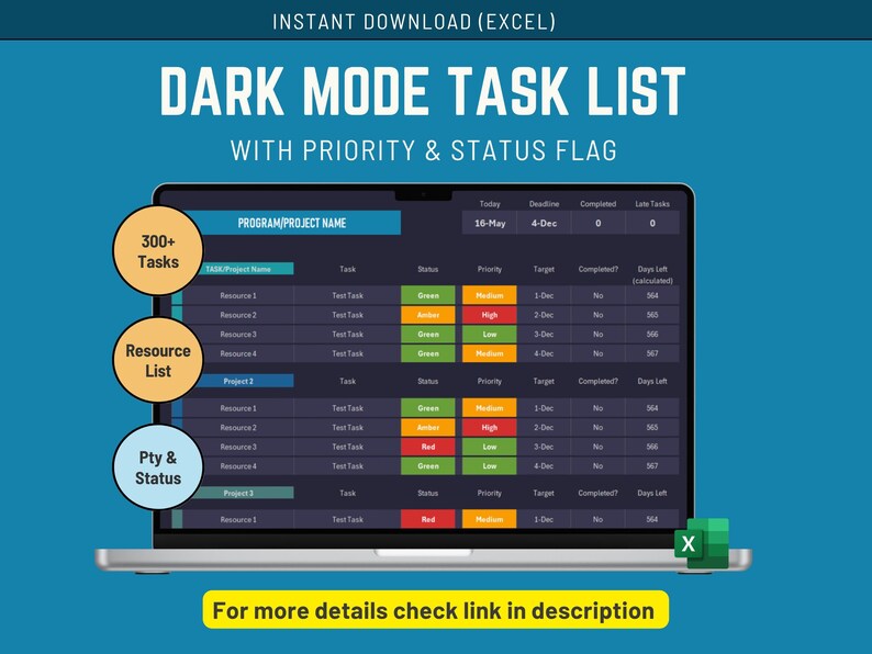 Visual Display Task List Excel Task List Template Bundle: Project Management & Productivity ...