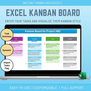 Puede incluir: Un portátil muestra un tablero Kanban de Excel con categorías de tareas: Por hacer, En curso, Hecho y En espera. La pantalla muestra las tareas del proyecto y el texto "Excel Kanban Board". La imagen incluye el texto "Descarga instantánea (Excel)".