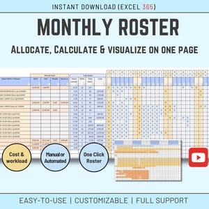 Può includere: Un foglio di calcolo digitale intitolato "MONTHLY ROSTER" con il testo "ALLOCATE, CALCULATE & VISUALIZE ON ONE PAGE". Il foglio di calcolo è progettato per Excel 365 e include sezioni per costi, carico di lavoro e calcoli automatizzati. Il testo aggiuntivo include "EASY-TO-USE | CUSTOMIZABLE | FULL SUPPORT".