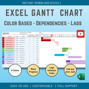 May include: An Excel Gantt chart template with a blue gradient background. The chart displays project tasks with color-coded bars, dependencies, and lags. Text includes "4 Colors", "Show Progress", "Lags between Tasks", and "Link any prev. task".