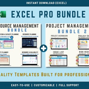 May include: An Excel Pro Bundle graphic with the text "Excel Pro Bundle" and "Instant Download (Excel)". The image displays templates for resource and project management, including dashboards and planning tools. The text reads "8 Quality Templates Built for Professionals".