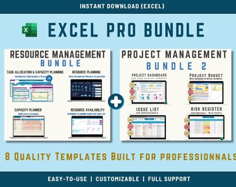 Paquete de Excel para gestión de proyectos, gestión de recursos y seguimiento de hábitos, todo en uno. Plantilla de descarga instantánea.