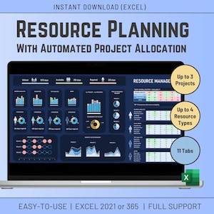 May include: A laptop screen displays a resource planning dashboard with automated project allocation. The screen shows charts, graphs, and data visualizations. Text includes "RESOURCE PLANNING" and "EASY-TO-USE | EXCEL 2021 or 365 | FULL SUPPORT".