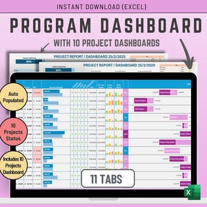May include: A laptop screen shows a program dashboard with 10 project dashboards. The Excel spreadsheet displays project reports, auto-populated data, and 11 tabs. The image includes text that says "Program Dashboard" and "Instant Download (Excel)".
