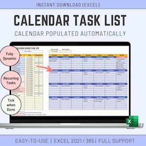 Puede incluir: Una computadora portátil muestra una lista de tareas de calendario en formato de hoja de cálculo. La pantalla muestra una cuadrícula con fechas, tareas y casillas de verificación. El texto en la pantalla incluye "Fully Dynamic", "Recurring Tasks" y "Tick when Done". La computadora portátil está sobre un fondo azul claro.