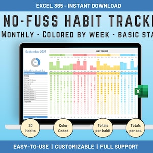 Op de afbeelding: Een digitale habit tracker weergegeven op een laptopscherm. De Excel-spreadsheet is per week gecodeerd met kleuren en bevat basisstatistieken. De tekst luidt "NO-FUSS HABIT TRACKER" en "EASY-TO-USE | CUSTOMIZABLE | FULL SUPPORT".