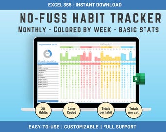 Plantilla de seguimiento de hábitos de Excel: Progreso mensual codificado por colores (Descarga digital para Excel 365)
