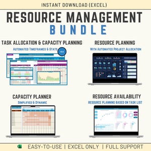 May include: An advertisement for a resource management bundle. The image shows four laptops displaying various aspects of resource planning, including task allocation, capacity planning, and resource availability. Text includes "Resource Management Bundle" and "Easy-to-Use | Excel Only | Full Support."