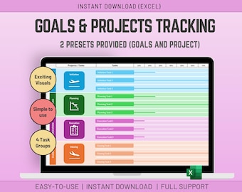 Plantilla digital para el seguimiento de objetivos y proyectos en Excel y la gestión de tareas.