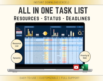 Excel Task Tracker Template: Automated Project Management Spreadsheet (Digital Download)