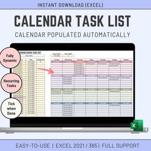 Puede incluir: Una computadora portátil muestra una lista de tareas de calendario en Excel. La pantalla muestra un calendario con fechas, ejemplos de tareas y funciones como 'Totalmente dinámico' y 'Tareas recurrentes'. El texto 'CALENDAR TASK LIST' está en la parte superior.