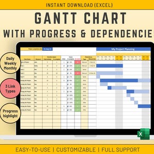 May include: A laptop screen displays a Gantt chart with project progress and dependencies. The chart includes task names, durations, and completion percentages. The image also features text that says "Instant Download (Excel)" and "Easy-to-use | Customizable | Full Support."