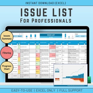 Puede incluir: Una pantalla de portátil muestra una hoja de cálculo de Excel titulada "ISSUE LIST FOR PROFESSIONALS". La interfaz incluye secciones para resúmenes de problemas, filtrado y gráficos de progreso. El fondo es azul claro con el texto "INSTANT DOWNLOAD (EXCEL)".
