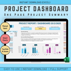May include: A laptop screen displays a project dashboard with the title "PROJECT DASHBOARD ONE PAGE PROJECT SUMMARY." The dashboard includes charts, data, and the text "PROJECT REPORT/DASHBOARD 25/2/2025." Additional text includes "Manual Input," "Smart Charts," and "Top Risk & Issues."