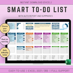 May include: A digital to-do list template displayed on a laptop screen. The template is labeled "SMART TO-DO LIST" and includes sections for daily and weekly tasks, with options to choose colors and mark tasks. The text "INSTANT DOWNLOAD" is visible.