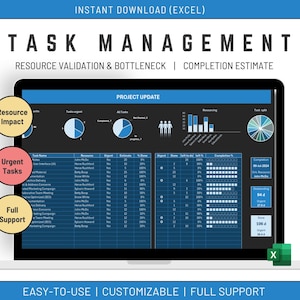 May include: A laptop screen displays a task management dashboard with charts and data tables. The interface includes sections for resource impact, urgent tasks, and full support. Text on the screen reads "Task Management" and "Project Update."