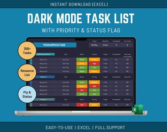 Dark Mode Excel Project Management Dashboard: Task Tracker (Instant Download)