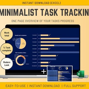 May include: A laptop screen showing a minimalist task tracking dashboard with charts and progress bars. The display features data visualizations for work total and task completion. Text includes "MINIMALIST TASK TRACKING" and "EASY-TO-USE".