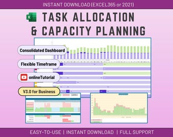 Asignación de tareas y planificación de capacidad en Excel, gestión de recursos (descarga digital)