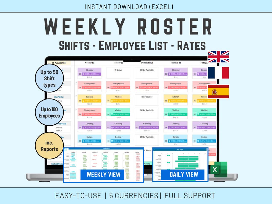 Excel Roster Management Template: Shifts, Employee List and Cost/rates ...