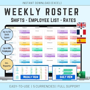 Plantilla de Excel para gestión de turnos: turnos, lista de empleados y cálculo de costes/tarifas