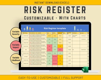 Plantilla personalizable de registro de riesgos en Excel, plantilla de gestión de riesgos (descarga instantánea)