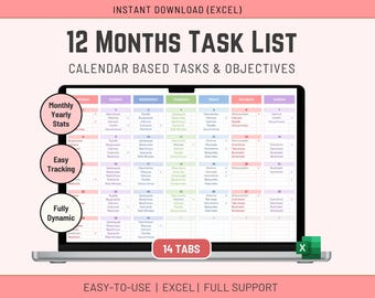 Excel Monthly Planner: Customizable Goal Tracker,  (Digital Download)