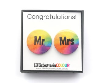 Mr and Mrs - Rainbow Badge Set - Wedding Gift