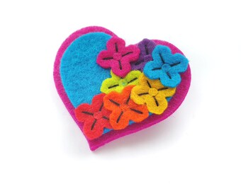 Heart Brooch with Rainbow Flowers