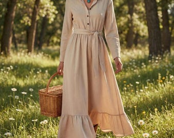 Vestido largo romántico estilo cottagecore boho - Vestido de algodón y lino suave con botones, cinturón y bajo con volantes - Moda primaveral de estilo vintage