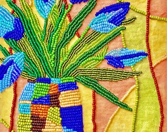 May include: A beaded artwork featuring a vase with a bouquet of blue flowers. The vase is a mosaic of colorful beads, and the flowers have blue petals and green stems. The background is a mix of yellow, orange, and green.