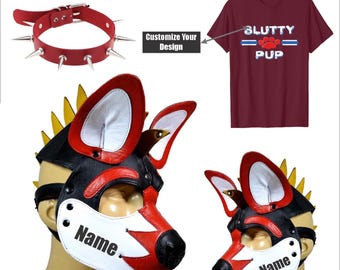 Leather Handmade Puppy Hood Mask Pet Play Gear Mask. Cosplay hood, Pup Role Play hood. (Spiked Genuine leather collar with D-ring & Tshirt)