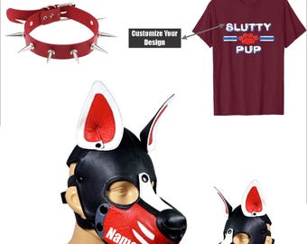 Máscara de cuero hecha a mano para cachorros, ideal para juegos de mascotas. Capucha para cosplay y juegos de rol. (Collar de cuero genuino con pinchos, anilla en D y camiseta).