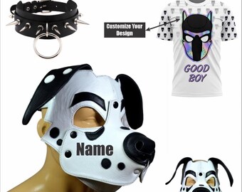 Leather Handmade Puppy Hood Mask Pet Play Gear Mask. Cosplay hood, Pup Role Play hood. (Spiked Genuine leather collar with D-ring & Tshirt)