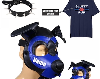 Leather Handmade Puppy Hood Mask Pet Play Gear Mask. Cosplay hood, Pup Role Play hood. (Spiked Genuine leather collar with D-ring & Tshirt)
