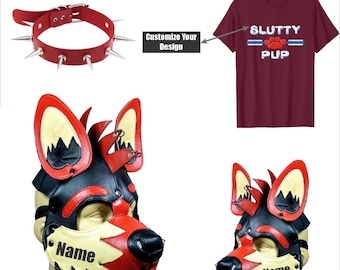Leather Handmade Puppy Hood Mask Pet Play Gear Mask. Cosplay hood, Pup Role Play hood. (Spiked Genuine leather collar with D-ring & Tshirt)